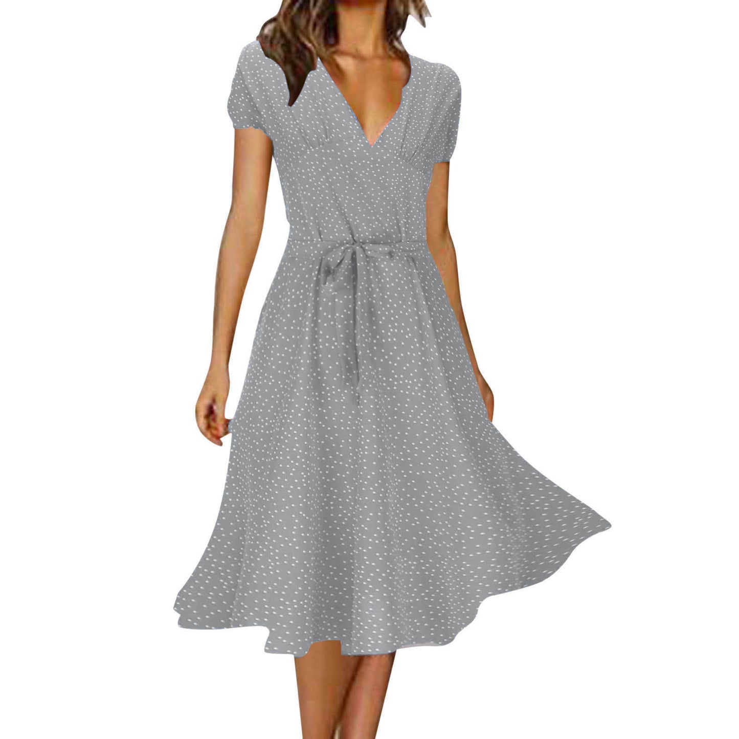 🌈👗 Sleva 50%🔥【40-100kg】Рокля с къс ръкав, V-образно деколте и флорален десен на точки, големи размери ✅️Плащане при доставка