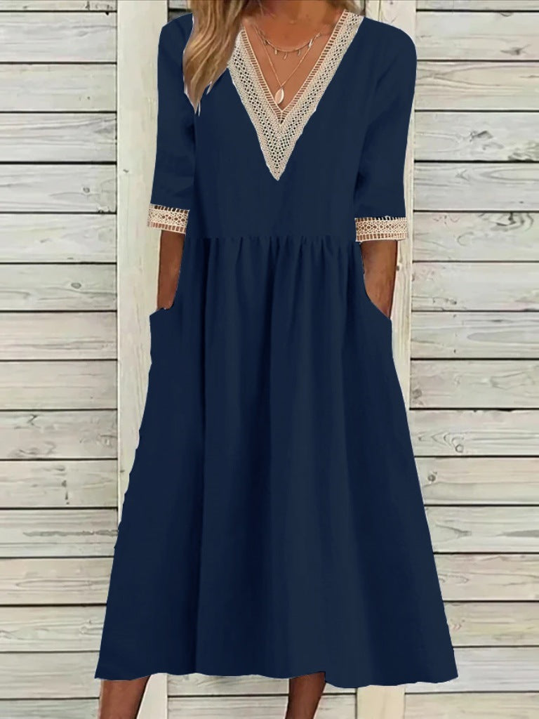 👗【50% отстъпка 🔥】👑 Рокля миди размер от памук и лен с дантелена яка ✅️Плащане при доставка