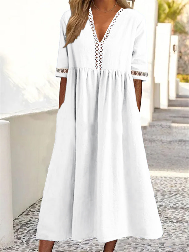 👗【– 50% отстъпка 🔥】😍 Пролетно-лятна рокля с къс ръкав и V-образно деколте от дантела ✅️Плащане при доставка