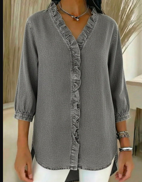 🔥 Pago contra entrega✅️【40-100 kg】Camisa vaquera casual para mujer con cuello en V y volantes ✅️2 artículos con un 70% de descuento