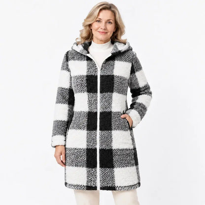 ✨【S-3XL】Dlouhý oboustranný dámský kardigan/plášť na zip – umělá srst a kostkovaný vzor (podzim/zima)