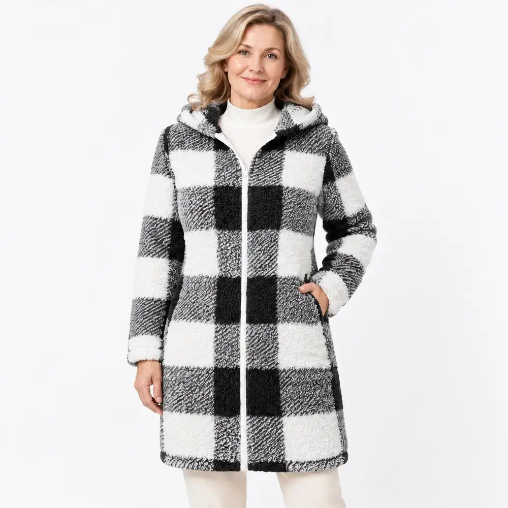 ✨【S-3XL】Dlouhý oboustranný dámský kardigan/plášť na zip – umělá srst a kostkovaný vzor (podzim/zima)