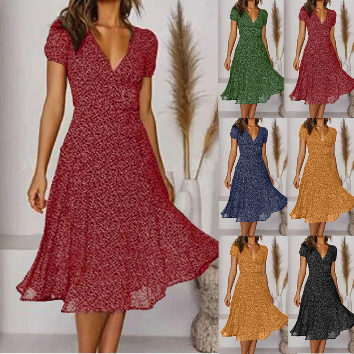 🌈👗 Sleva 50%🔥【40-100kg】Рокля с къс ръкав, V-образно деколте и флорален десен на точки, големи размери ✅️Плащане при доставка