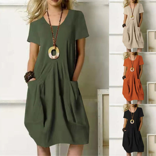 🔥💖【40-120kg】Нова рокля, смес от памук и лен, едноцветна, свободна кройка, къси ръкави, обло деколте. ✅️Плащане при доставка