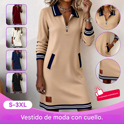 🔥🔥【40-100kg】Nuevo vestido casual de invierno con cremallera, cuello, manga larga y bolsillo en bloque de color ✅Pago contra entrega