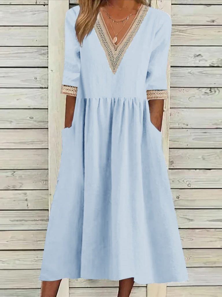 👗【50% отстъпка 🔥】👑 Рокля миди размер от памук и лен с дантелена яка ✅️Плащане при доставка