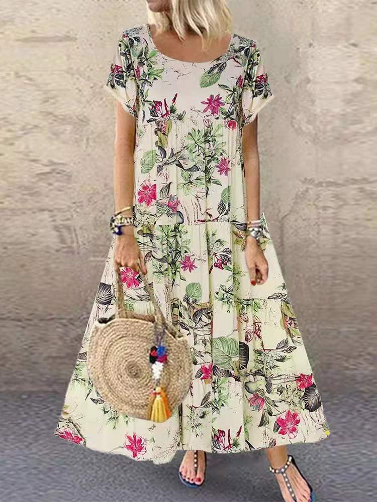 🌼👗 50% отстъпка🔥【40-120 кг】Дамска ретро рокля с флорален мотив, къси ръкави и кръгло деколте, голям размер ✅Плащане при доставка ✅2 артикула със 70% отстъпка