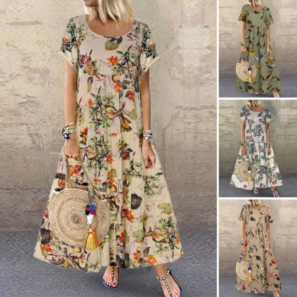 🌼👗 50% отстъпка🔥【40-120 кг】Дамска ретро рокля с флорален мотив, къси ръкави и кръгло деколте, голям размер ✅Плащане при доставка ✅2 артикула със 70% отстъпка