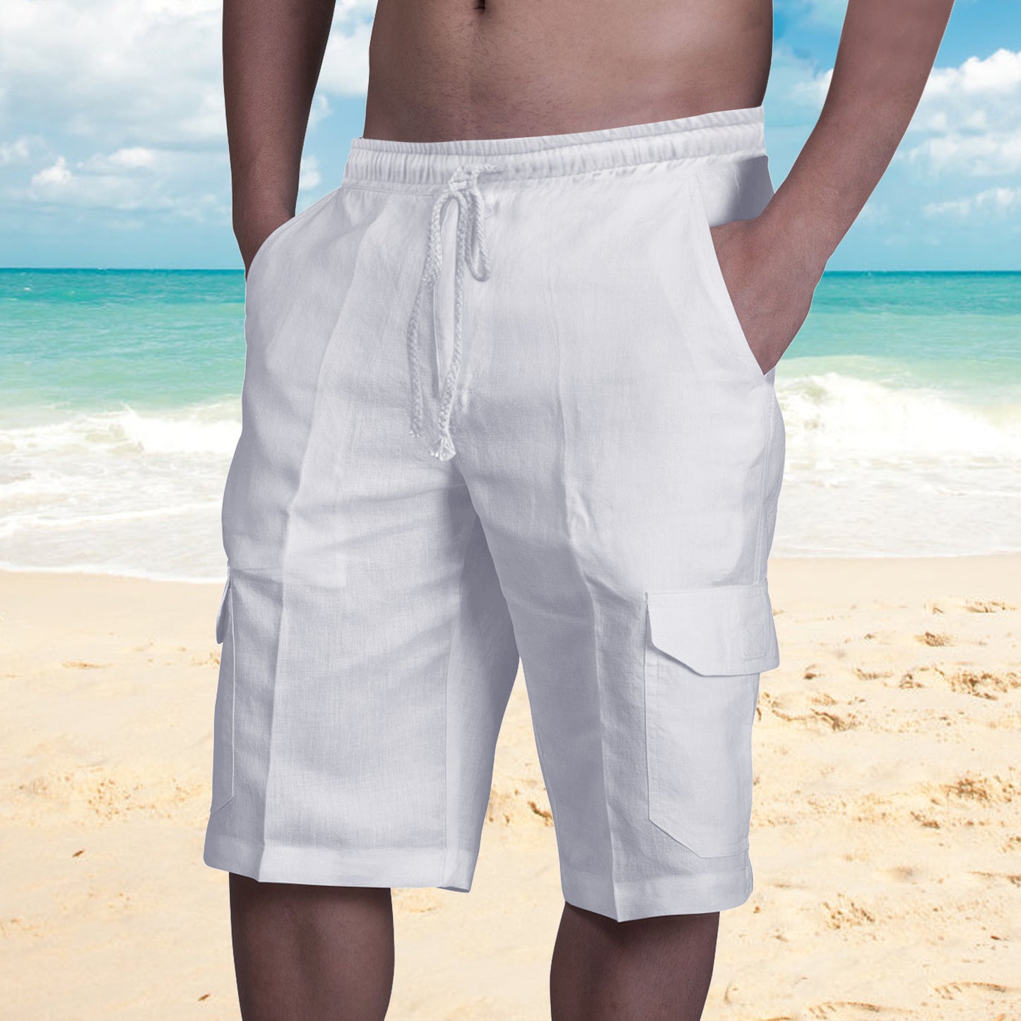👖⛵ 50% zľava 🔥【50–100 kg】Мъжки ленени карго шорти с връзки за стягане и множество джобове ✅️Плащане при доставка