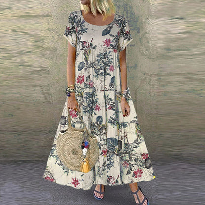 🌼👗 50% отстъпка🔥【40-120 кг】Дамска ретро рокля с флорален мотив, къси ръкави и кръгло деколте, голям размер ✅Плащане при доставка ✅2 артикула със 70% отстъпка