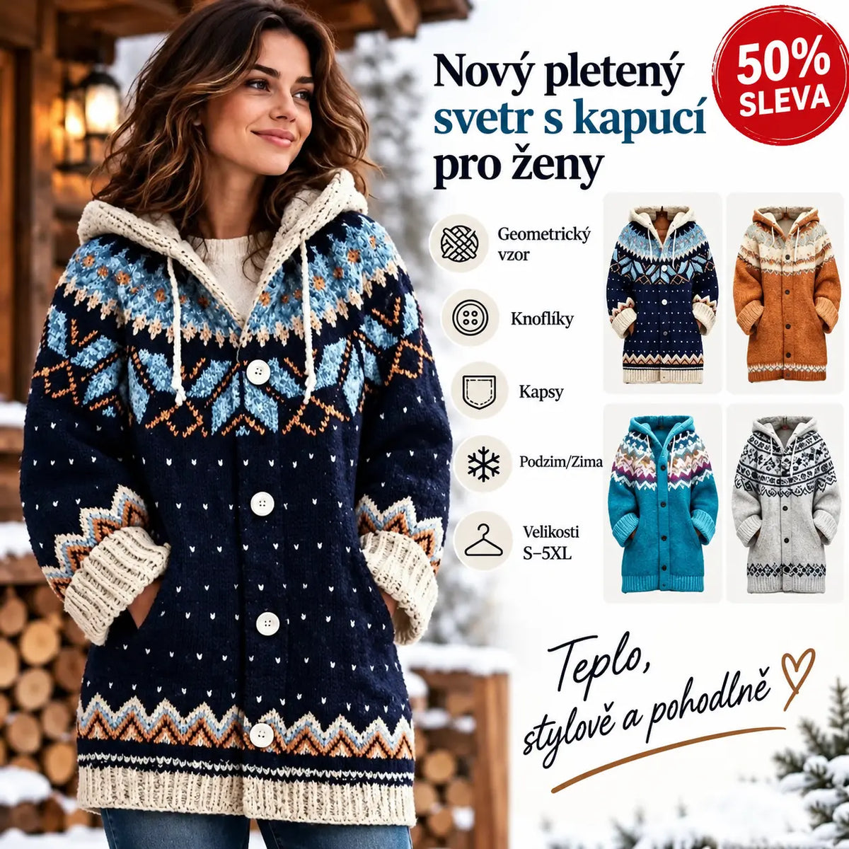 🔥 50% SLEVA 🔥 ✨ Nový dámský pletený svetr s kapucí, geometrickým vzorem a zapínáním na knoflíky, ideální na podzim a zimu, velikosti S–5XL.