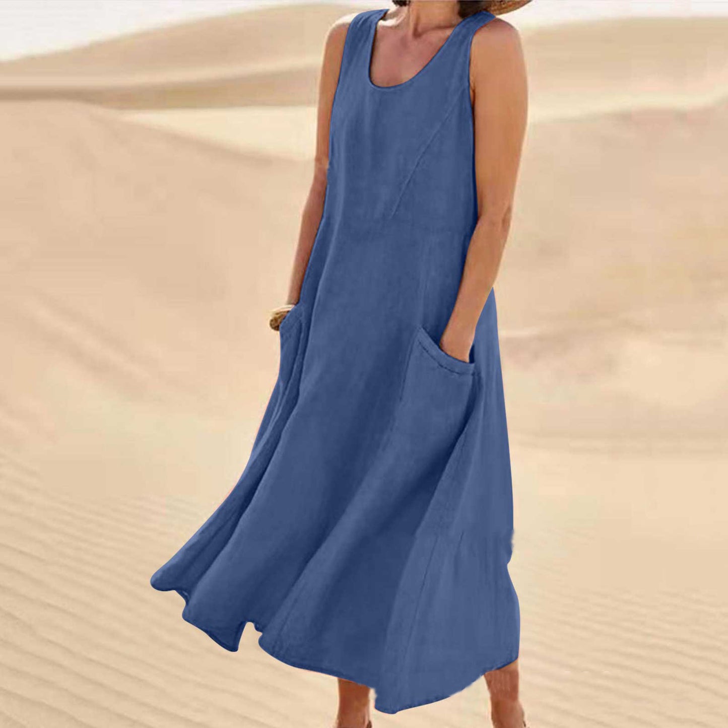 👗 50% отстъпка🔥【40-120kg】Нова лятна елегантна рокля без ръкави от памучен тенсел с кръгло деколте ✅️Плащане при доставка