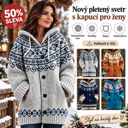🔥 50% SLEVA 🔥 ✨ Nový dámský pletený svetr s kapucí, geometrickým vzorem a zapínáním na knoflíky, ideální na podzim a zimu, velikosti S–5XL.