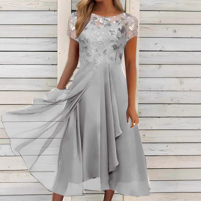 💃 50% отстъпка🔥【40-120kg】Дълга рокля с дантелени и шифонени вложки, с кръгло деколте и ажурен модел ✅️Плащане при доставка