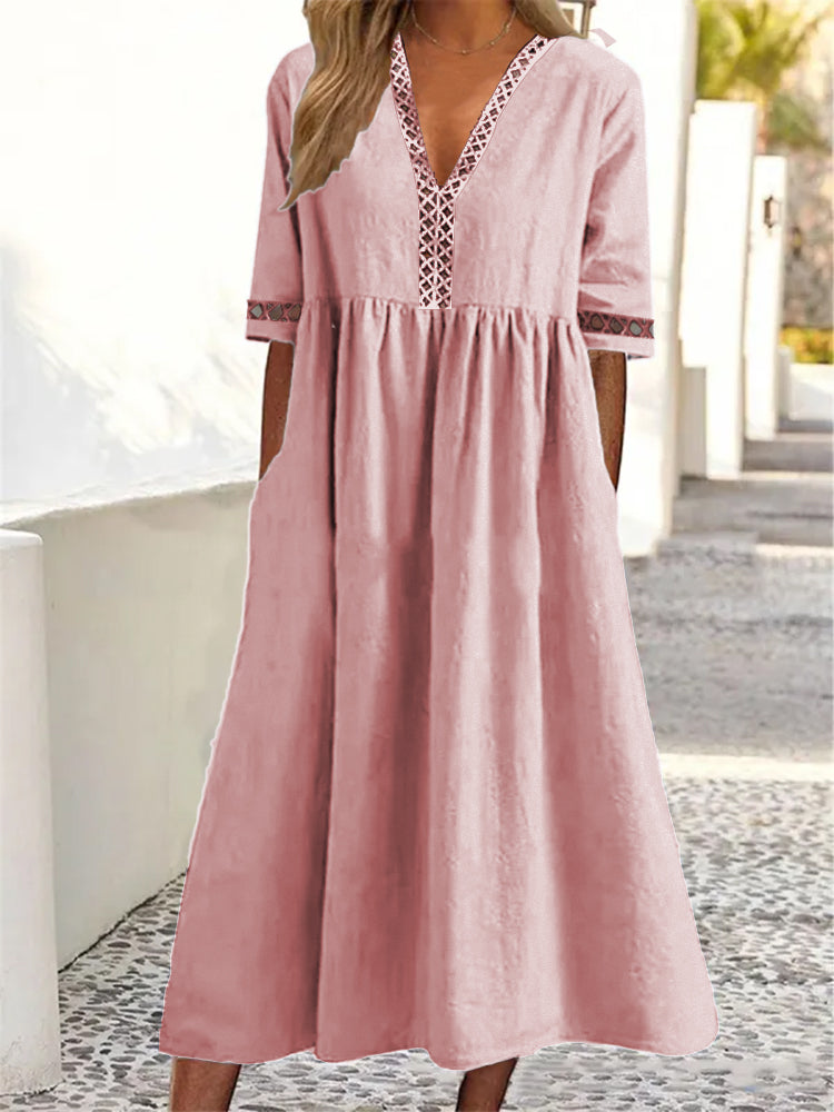 👗【– 50% sleva 🔥】😍 Jarní/letní šaty s krátkým rukávem, krajkovým výstřihem do V ✅️Dobírka
