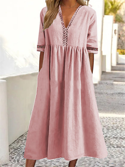 👗【– 50% zniżki 🔥】😍 Sukienka wiosenno-letnia z krótkim rękawem i dekoltem w serek z koronki ✅️Płatność przy odbiorze