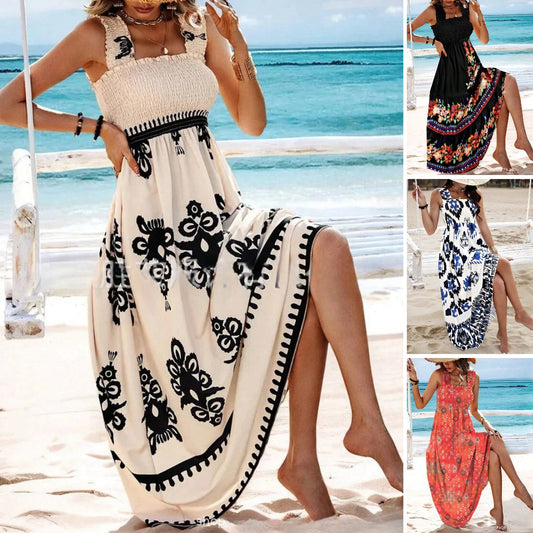 🏖️💃【Sleva 50 % ✨】【S–8XL】Nové letní dámské šaty na ramínka s potiskem, volného střihu, s elastickým pasem, ve velkých velikostech