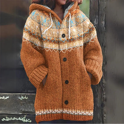 🔥 50% SLEVA 🔥 ✨ Nový dámský pletený svetr s kapucí, geometrickým vzorem a zapínáním na knoflíky, ideální na podzim a zimu, velikosti S–5XL.
