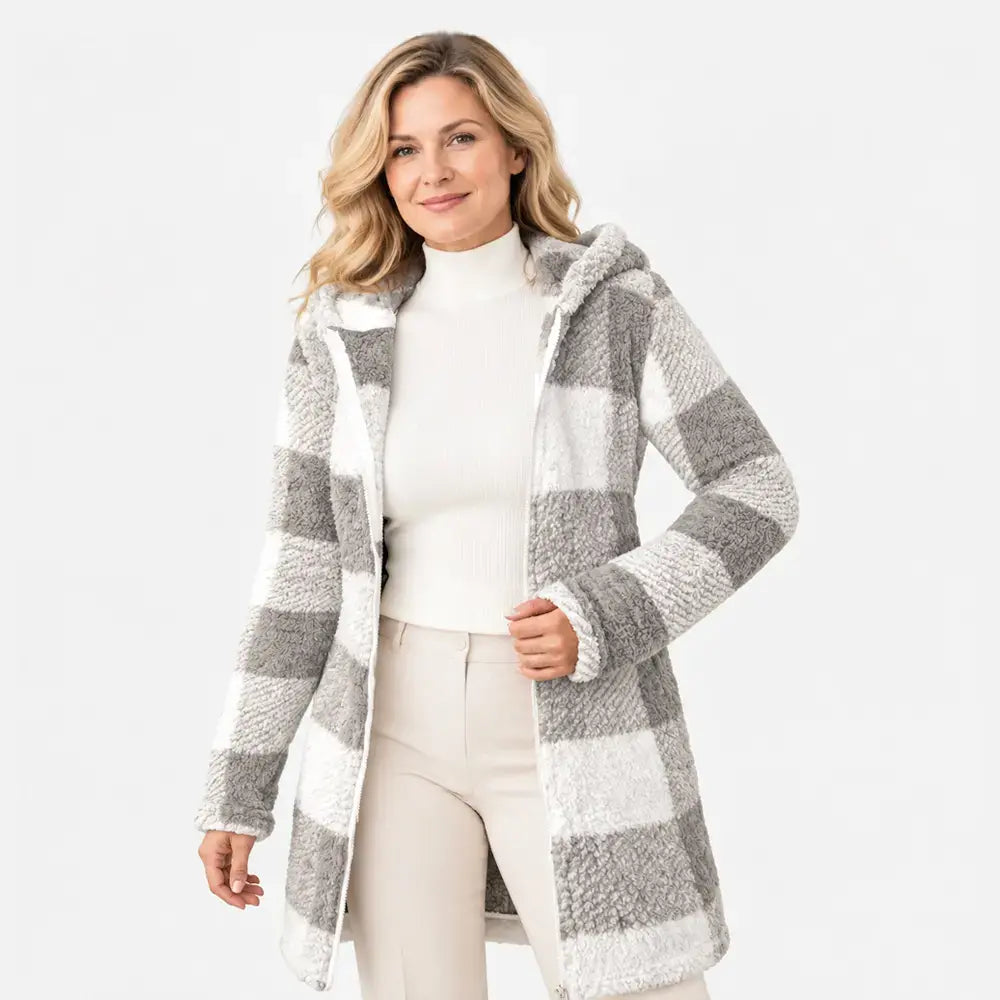 ✨【S-3XL】Dlouhý oboustranný dámský kardigan/plášť na zip – umělá srst a kostkovaný vzor (podzim/zima)