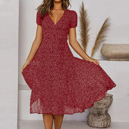 🌈👗 Sleva 50%🔥【40-100kg】Рокля с къс ръкав, V-образно деколте и флорален десен на точки, големи размери ✅️Плащане при доставка
