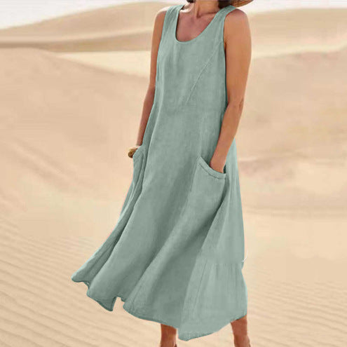 👗 50% отстъпка🔥【40-120kg】Нова лятна елегантна рокля без ръкави от памучен тенсел с кръгло деколте ✅️Плащане при доставка