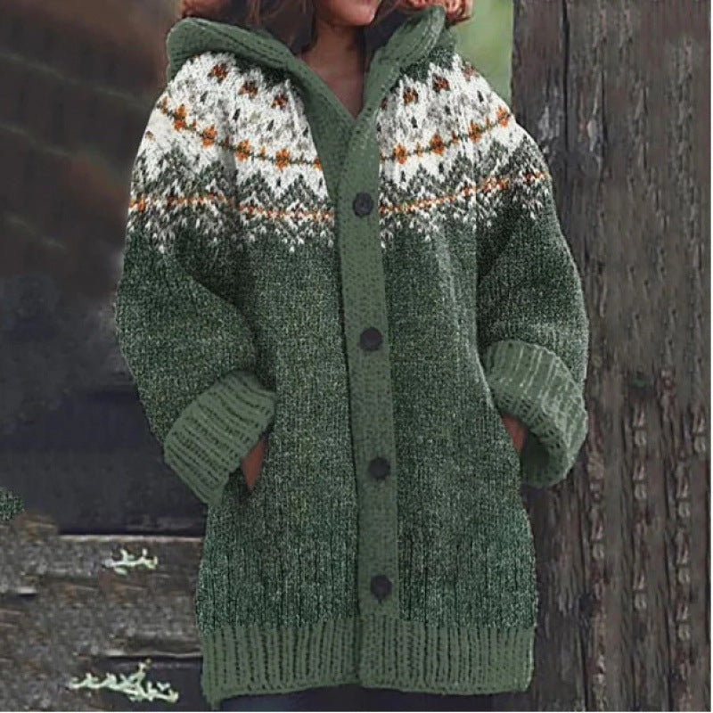 🔥 50% SLEVA 🔥 ✨ Nový dámský pletený svetr s kapucí, geometrickým vzorem a zapínáním na knoflíky, ideální na podzim a zimu, velikosti S–5XL.