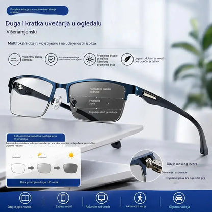 👓 Zcela nové bezrámové brýle na čtení určené speciálně pro střední a starší generaci, vybavené funkcí zvětšení, multifokálními skly, fotochromatickými skly a filtrem modrého světla.
