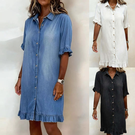 👔50% de descuento🔥【40-120 kg】Vestido camisero de mezclilla con corte amplio y volantes ✅Pago contra entrega ✅2 artículos con 70% de descuento