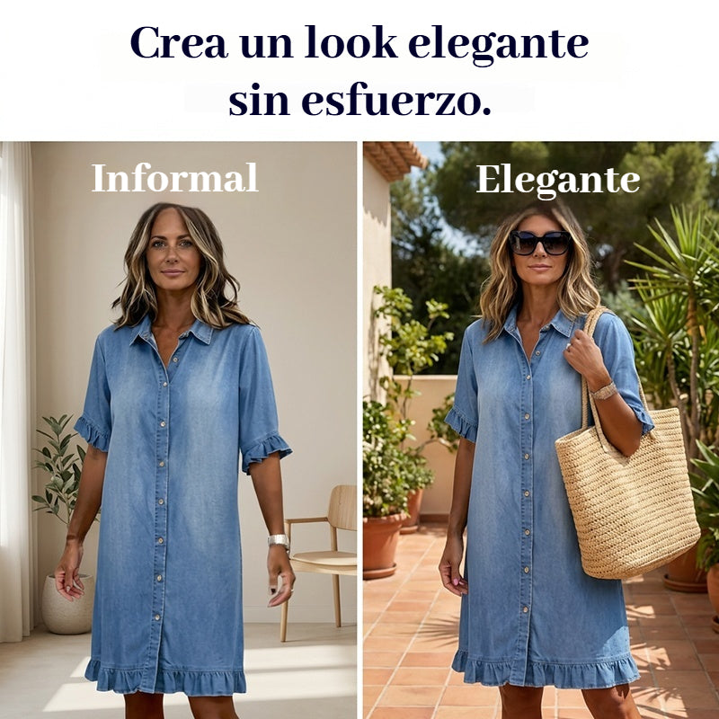 👔50% de descuento🔥【40-120 kg】Vestido camisero de mezclilla con corte amplio y volantes ✅Pago contra entrega ✅2 artículos con 70% de descuento