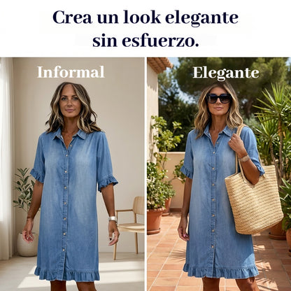👔50% de descuento🔥【40-120 kg】Vestido camisero de mezclilla con corte amplio y volantes ✅Pago contra entrega ✅2 artículos con 70% de descuento