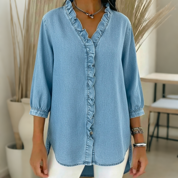 🔥 Platba na dobierku ✅️【40-110kg】Dámska ležérna džínsová košeľa s výstrihom do V a volánikmi ✅2 položky so zľavou 70 %