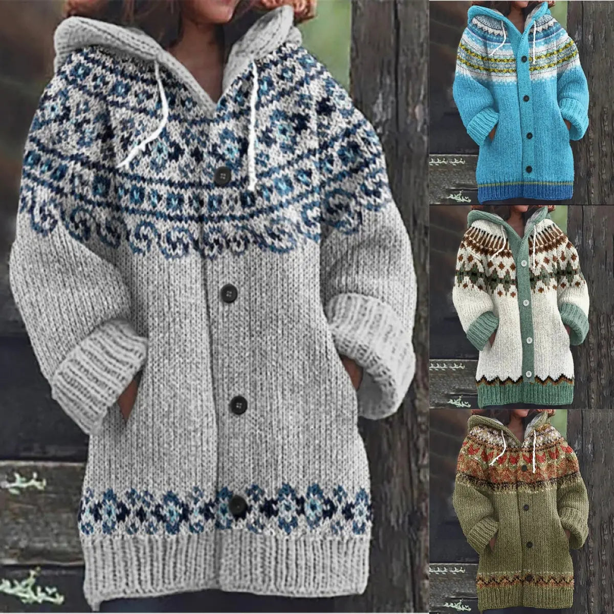 🔥 50% SLEVA 🔥 ✨ Nový dámský pletený svetr s kapucí, geometrickým vzorem a zapínáním na knoflíky, ideální na podzim a zimu, velikosti S–5XL.