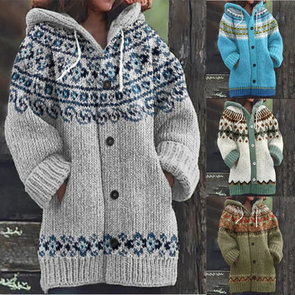 🔥 50% SLEVA 🔥 ✨ Nový dámský pletený svetr s kapucí, geometrickým vzorem a zapínáním na knoflíky, ideální na podzim a zimu, velikosti S–5XL.