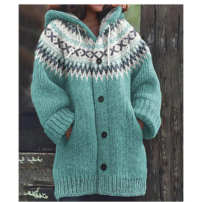 🔥 50% SLEVA 🔥 ✨ Nový dámský pletený svetr s kapucí, geometrickým vzorem a zapínáním na knoflíky, ideální na podzim a zimu, velikosti S–5XL.