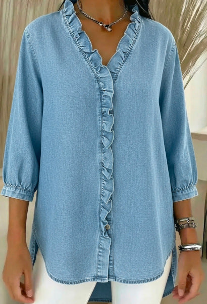 🔥 Pago contra entrega✅️【40-100 kg】Camisa vaquera casual para mujer con cuello en V y volantes ✅️2 artículos con un 70% de descuento