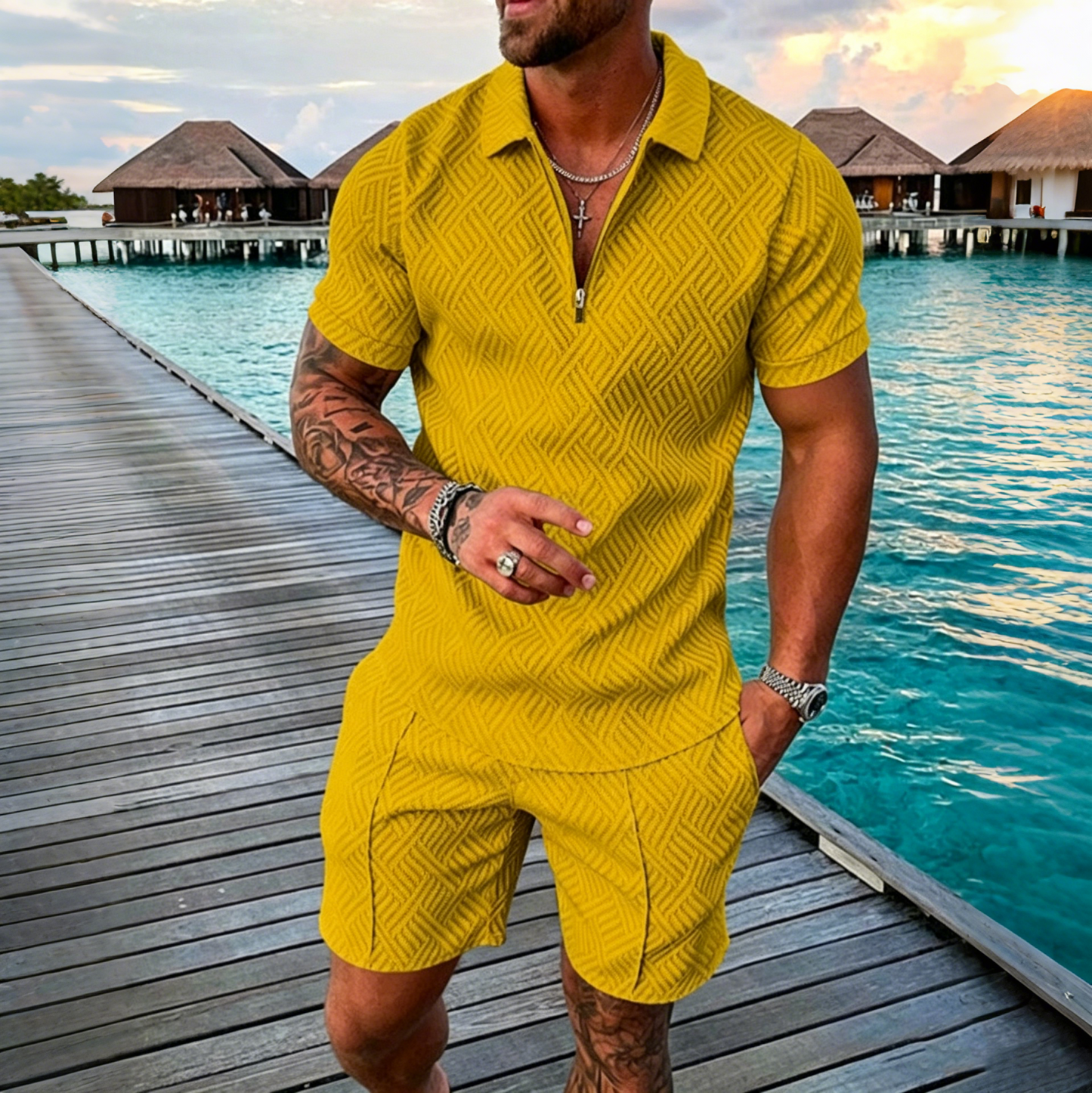 😎 50% de descuento🔥【Camiseta + Pantalones】 (40-130 kg) Conjunto de polo con cremallera y estampado 3D para hombre ✅️Pago contra entrega ✅️2 artículos con un 70% de descuento