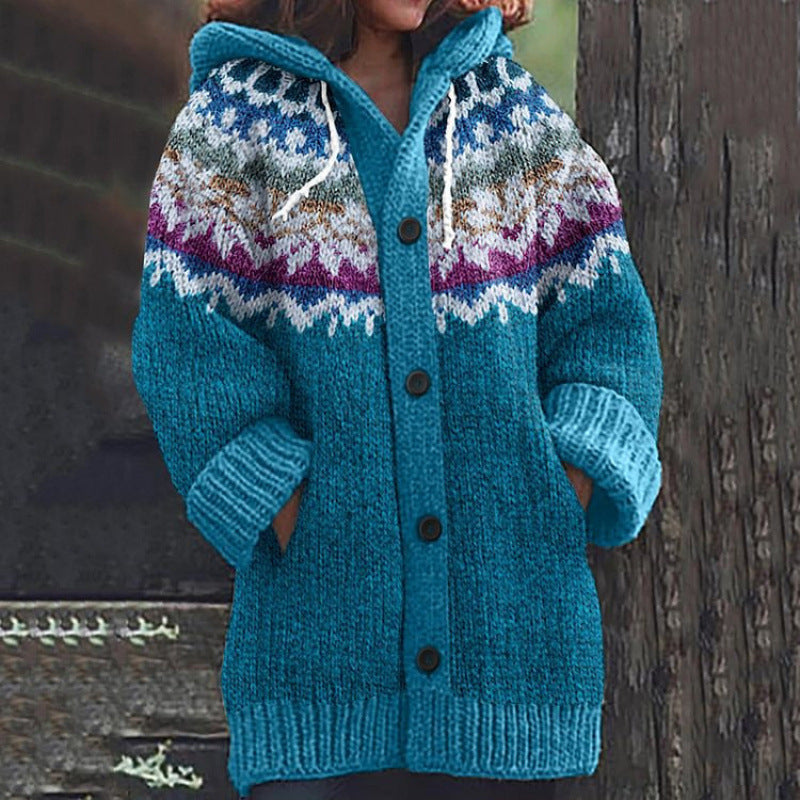 🔥 50% SLEVA 🔥 ✨ Nový dámský pletený svetr s kapucí, geometrickým vzorem a zapínáním na knoflíky, ideální na podzim a zimu, velikosti S–5XL.