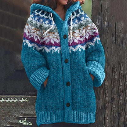 🔥 50% SLEVA 🔥 ✨ Nový dámský pletený svetr s kapucí, geometrickým vzorem a zapínáním na knoflíky, ideální na podzim a zimu, velikosti S–5XL.