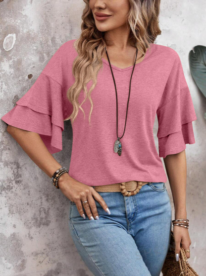 🎀50% отстъпка😍【40-90kg】Нова лятна едноцветна тениска с V-образно деколте и двуслоен ръкав със свободни ръкави за жени. ✅Плащане при доставка ✅2 артикула със 70% отстъпка