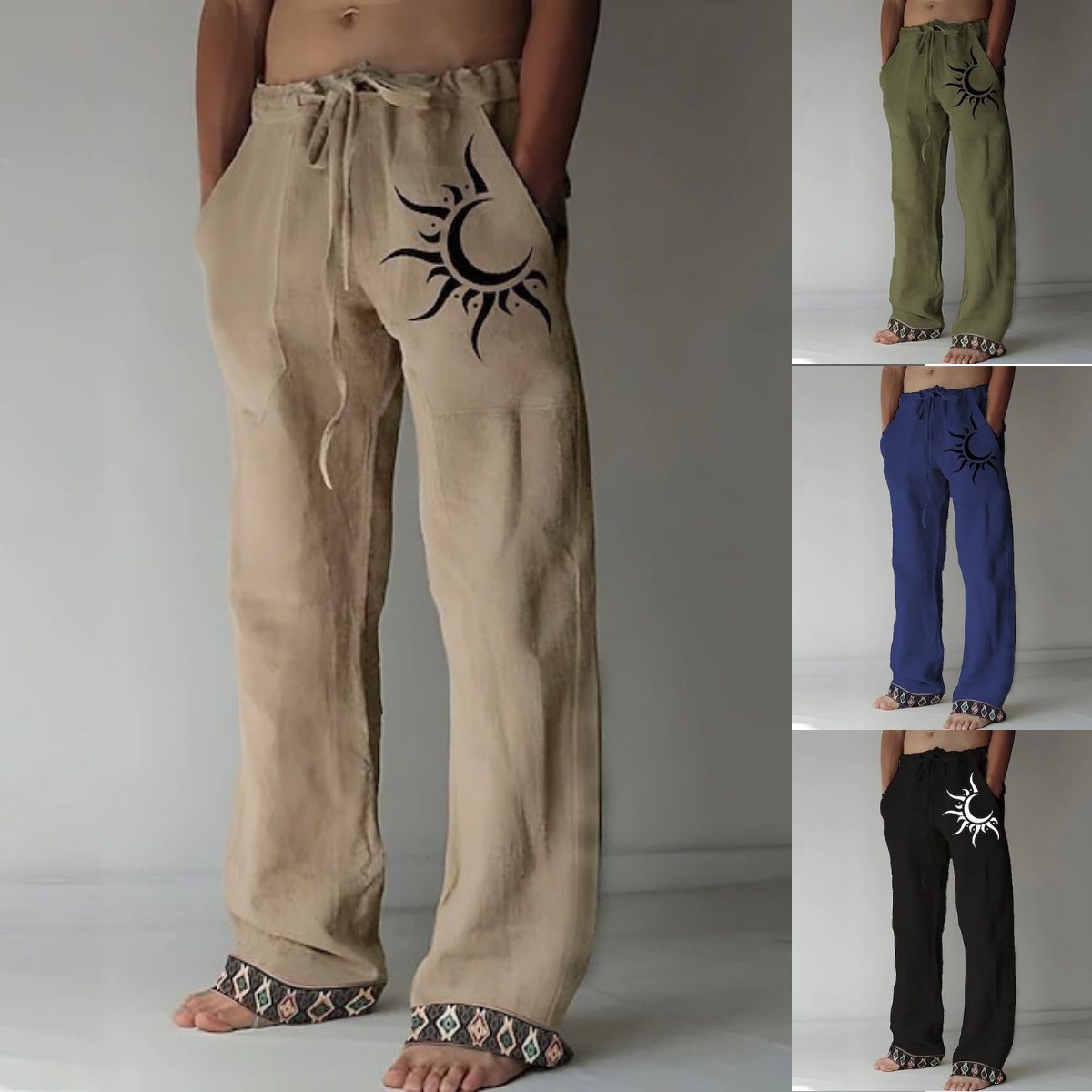 🌙👖 50% popusta🔥【40-130kg】Нови мъжки панталони с лунен десен, големи размери, от смес от памук и лен ✅️Плащане при доставка