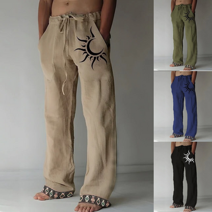 🌙👖 50% popusta🔥【40-130kg】Нови мъжки панталони с лунен десен, големи размери, от смес от памук и лен ✅️Плащане при доставка