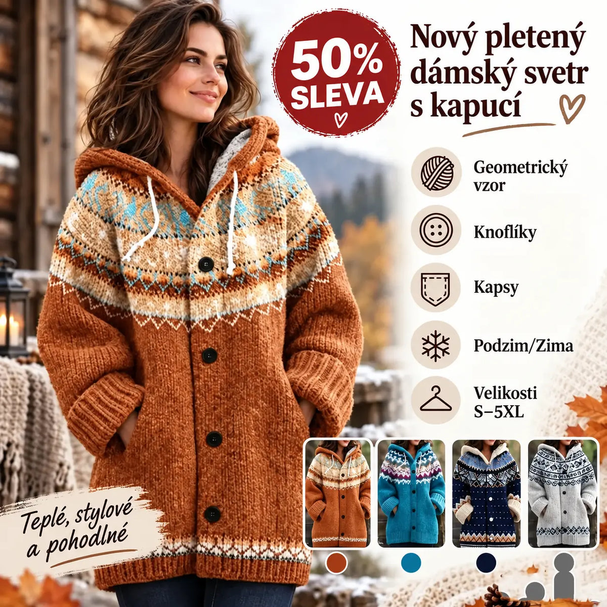 🔥 50% SLEVA 🔥 ✨ Nový dámský pletený svetr s kapucí, geometrickým vzorem a zapínáním na knoflíky, ideální na podzim a zimu, velikosti S–5XL.