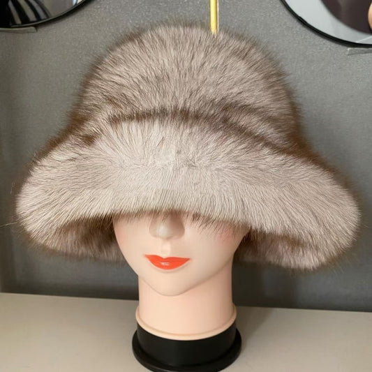 👒Sleva -47%🔥 Dámská teplá podzimní a zimní čepice s velkou krempou a kopulí z lišky