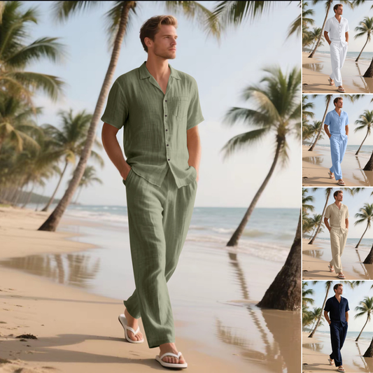 😍 50% de descuento🔥【Top + Pantalones】(40-120 kg) Conjunto de dos piezas para hombre, algodón y lino de color liso ✅️Pago contra entrega ✅️2 artículos con un 70% de descuento