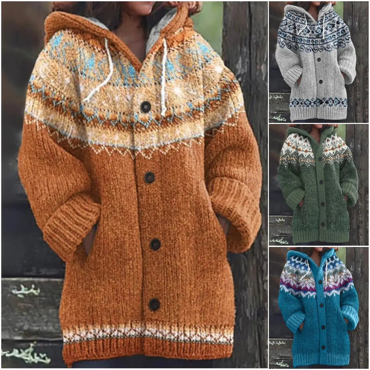 🔥 50% SLEVA 🔥 ✨ Nový dámský pletený svetr s kapucí, geometrickým vzorem a zapínáním na knoflíky, ideální na podzim a zimu, velikosti S–5XL.