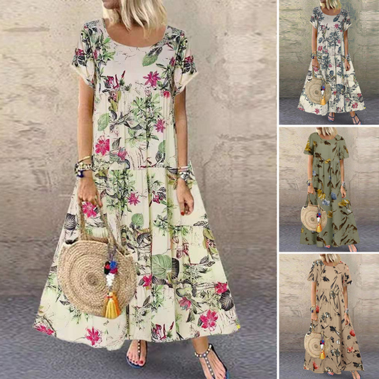 🌼👗 50% отстъпка🔥【40-120 кг】Дамска ретро рокля с флорален мотив, къси ръкави и кръгло деколте, голям размер ✅Плащане при доставка ✅2 артикула със 70% отстъпка
