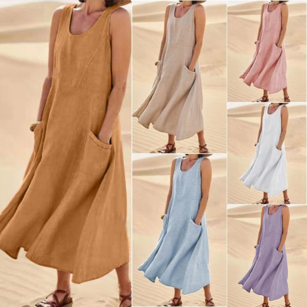 👗 50% отстъпка🔥【40-120kg】Нова лятна елегантна рокля без ръкави от памучен тенсел с кръгло деколте ✅️Плащане при доставка