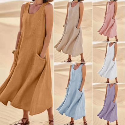 👗 50% отстъпка🔥【40-120kg】Нова лятна елегантна рокля без ръкави от памучен тенсел с кръгло деколте ✅️Плащане при доставка