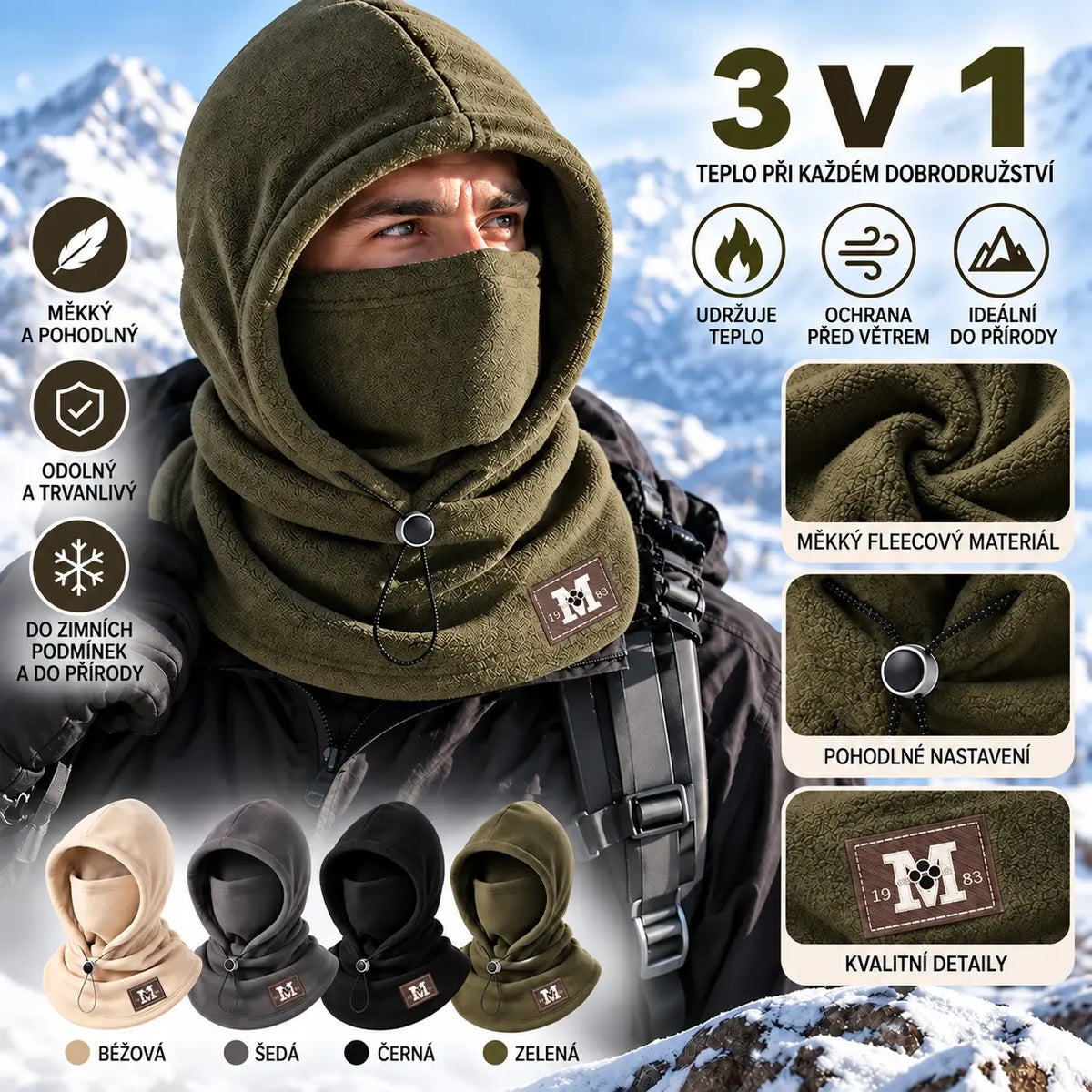 ☃️ Fleecová kukla 3 v 1 s kapucí — teplá, větruodolná a ideální na outdoor, cyklistiku a zimu.