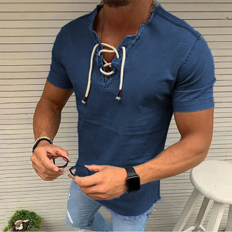 🤠【40-110kg✨】👔 Męska koszula jeansowa z krótkim rękawem i koronką, wykonana z elastycznego materiału, w dużych rozmiarach ✅️Płatność przy odbiorze